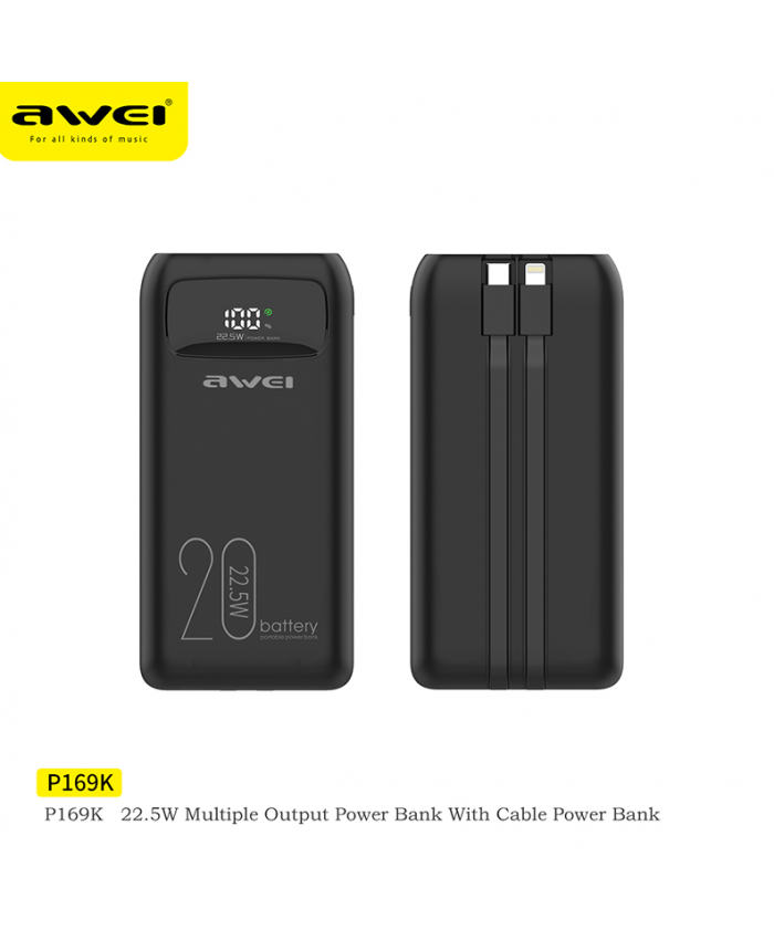 Awei P169K 20000mAh 22.5W Fast Charging Multi Input & Output with Built-in Cable LCD Display Power Bank Over Charge & Over Voltage Protection