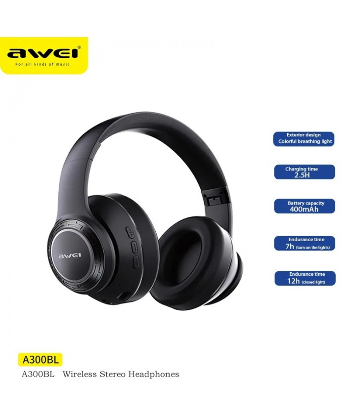 Awei A300BL Wireless Headset Strong Bass Stereo Foldable LED Breathing  Lighting With Built-in Microphone FM Redio
