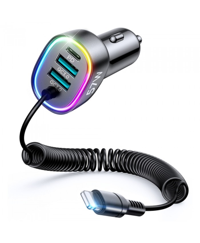 Joyroom 4 In 1 CL-20 Car Charger 57W PD QC3.0 Multi Output RGB LED With 8 Pin Lightning Coiled Data Cable