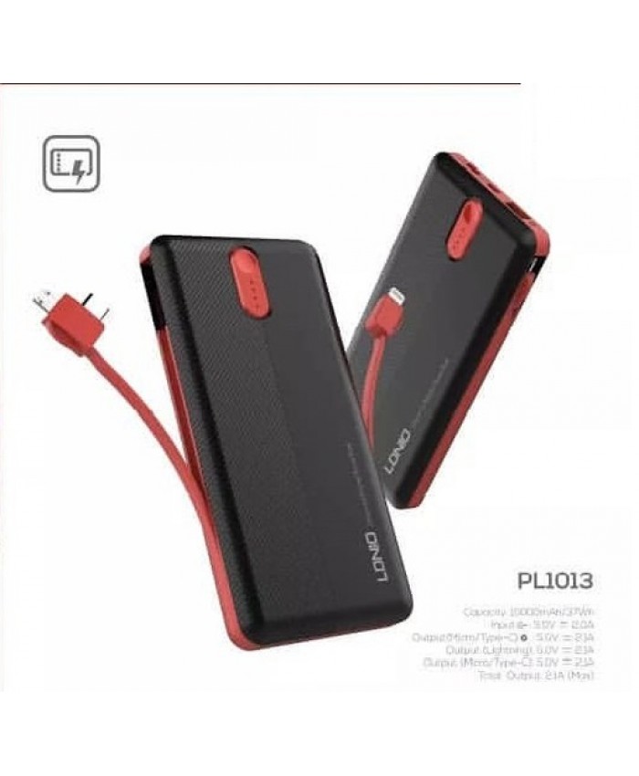 LDnio PL1013 Fast Charging 10000mAh Powerbank Fireproof Real Capacity 10000Mah Power Bank with Built-In 3 IN 1 Cable