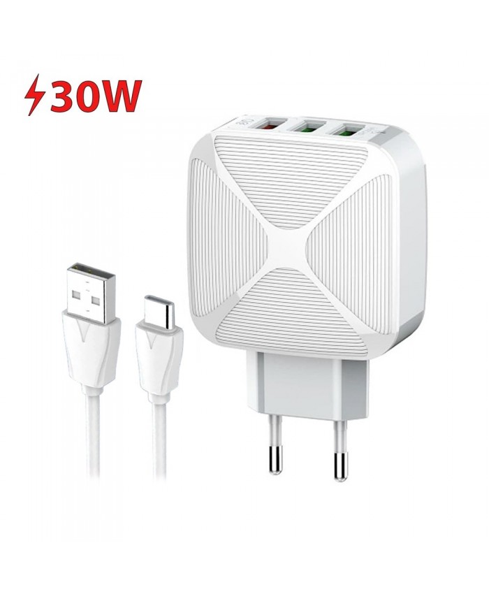 Ldnio A3310Q Smart Charger 30W QC3.0 18W & Dual Auto-ID With Fast Charging Cable Type-C / Lightning