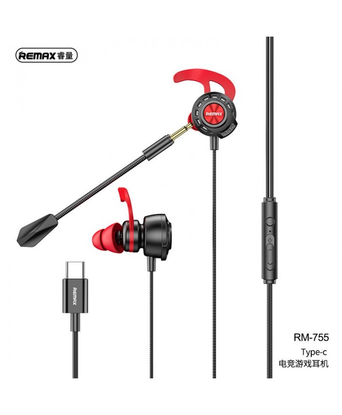 Remax RM-755 Type-C Bass Boster Gaming Earphone With Built-In Microphone HD VOICE E-sports gaming Wire control Dual microphone pure copper High sound quality earphone